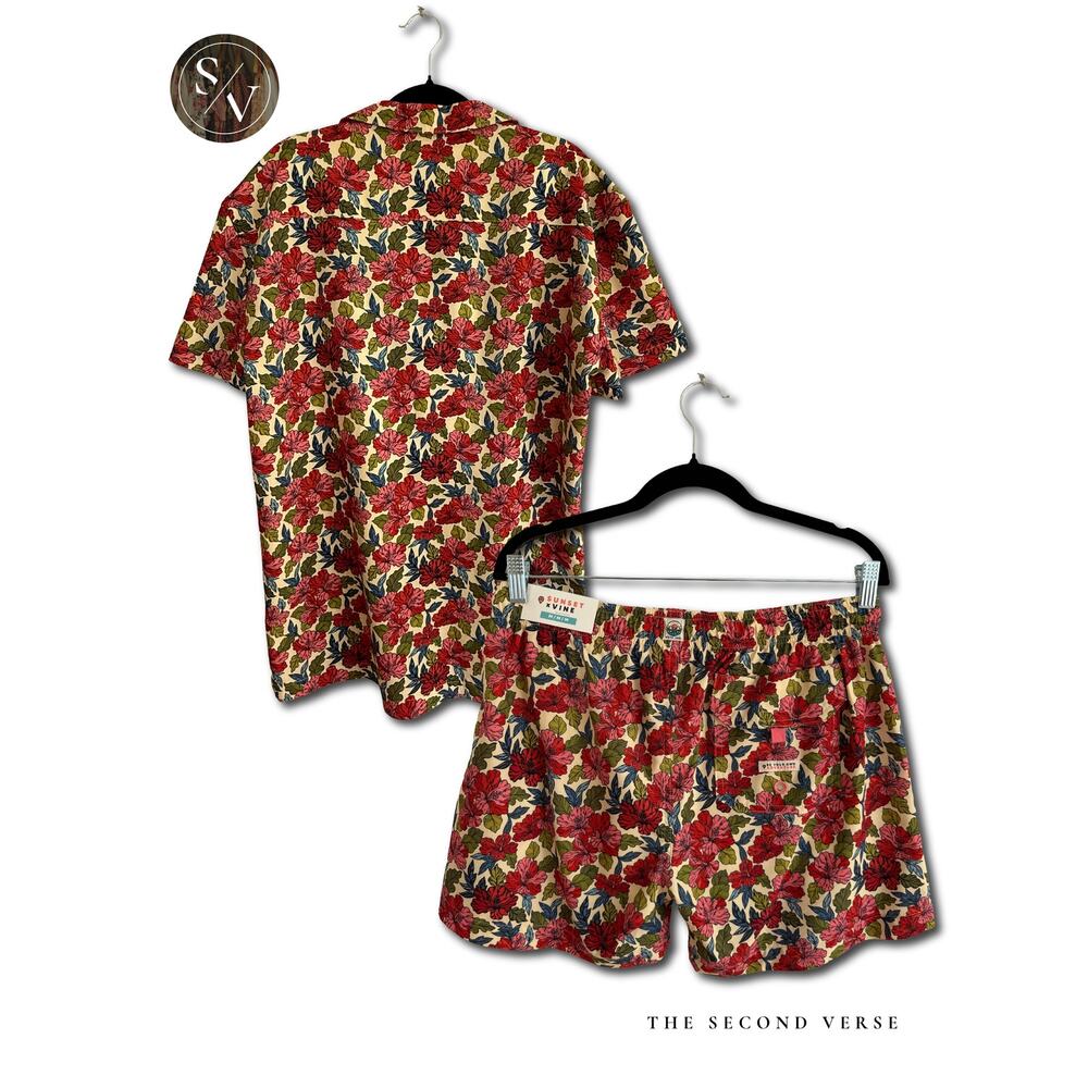 Sunset X Vine Mens Board Short Sleeve Buttondown & Shorts Set Floral Swim Beach - Picture 2 of 15
